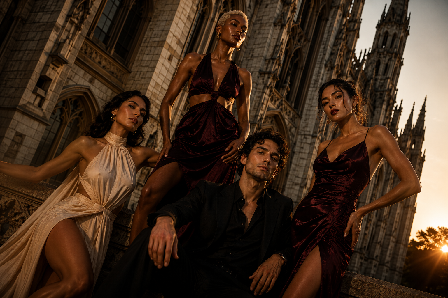 After Dark editorial photographed outside a Gothic cathedral