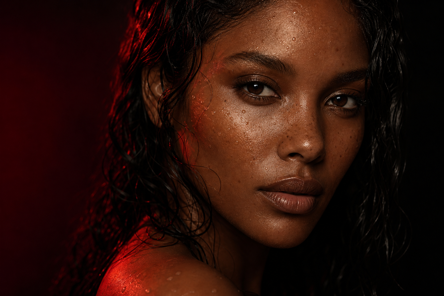 Lumiere Skin Veil beauty look with luminous skin and wet-look hair